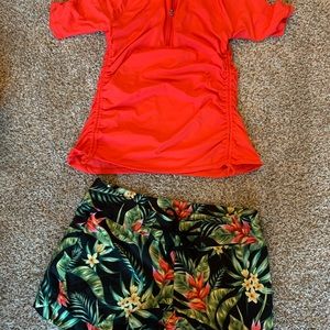 Swim shirt / shorts. Coral top & pattern shorts.